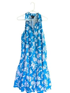 Nicole Miller NY Blue White Floral Linen Blend Sleeveless Tiered Shirt Dress L